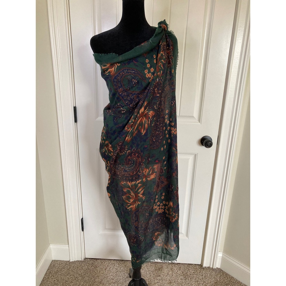 Vintage Style Made in Italy Green Floral Paisley Print Fringe Wrap Scarf Shawl - Picture 6 of 8